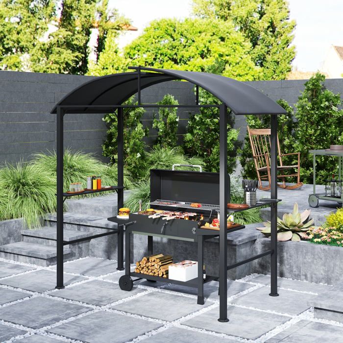 Pavillon barbecue - 11 x 233 m (L233×W110×H235 cm) - Cadre acier - Toit ventilé double - 2 tablettes & 7 crochets Pavillon barbecue - 11 x 233 m (L233×W110×H235 cm) - Cadre acier - Toit ventilé double - 2 tablettes & 7 crochets