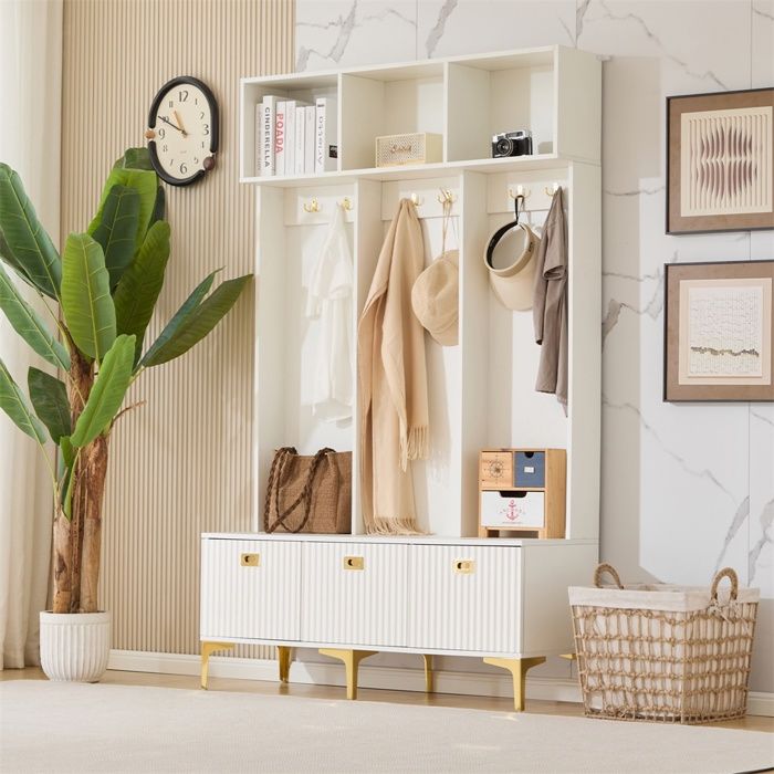 Vestiaire dentrée - 120x40x191cm - Meuble dentrée avec banc coffre étagères 6 patères et pieds dorés - Blanc