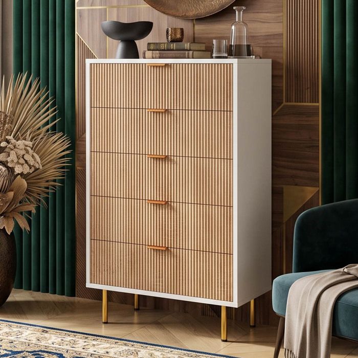 Commode - 60x40x105cm - 5 Tiroirs Spacieux Poignées & Pieds Dorés - Meuble Chiffonnier Bicolore Moderne en Bois Blanc