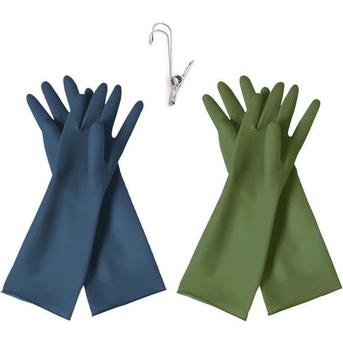 Gants Vaisselle Antidérapants Lot de 2 Paires Latex Réutilisable Ménage Imperméable Gris Vert Bleu