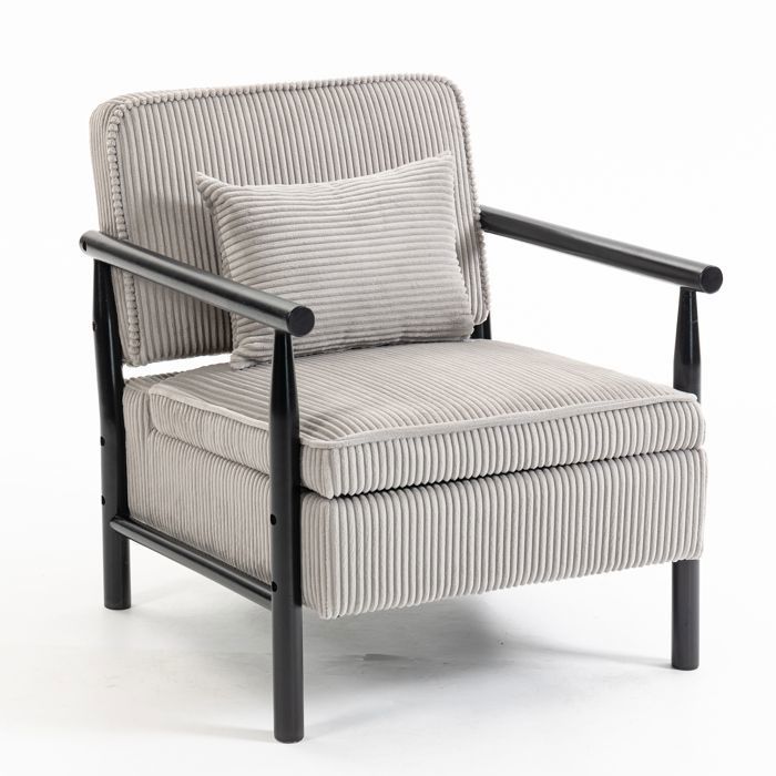 Fauteuil de Salon en Velours Cotele 67x80x72cm - avec Coussin - assise rembourrée épaisse - Style Mid-Century - Gris