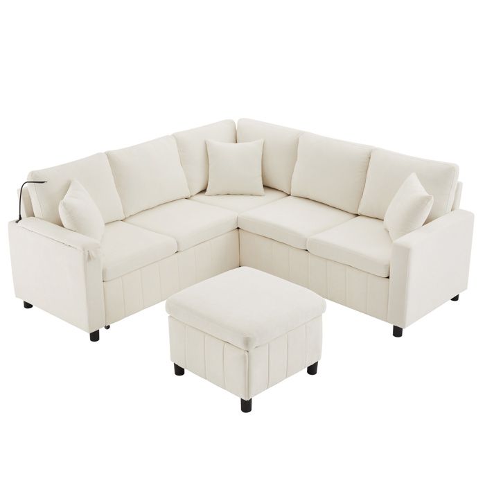 ELVORIN canapé d angle convertible 205 x 205 x 85 cm chenille beige avec ottoman USB Type C et lampe de lecture