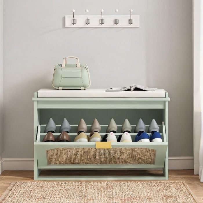 Banc à chaussures 80 cm style bohème porte en rotin et cadre vert bois - Vert Bois dingénierie 31.5 x 10.24 x 18.7 cm
