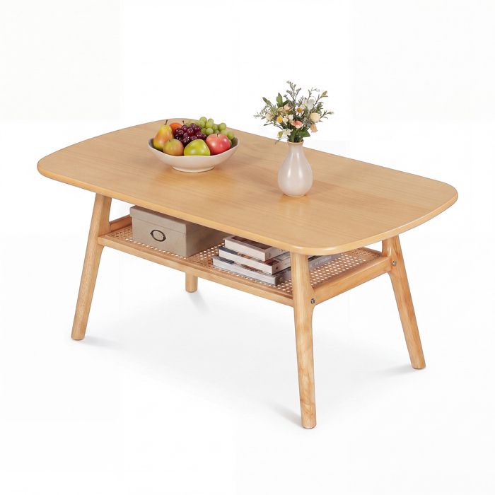 GIANTEX Table Basse en Bois à 2 Niveaux Étagère Ouverte en Rotin Pieds en Bois d’Hévéa Massif 100 X 53 5 X 45 5 CM Naturel