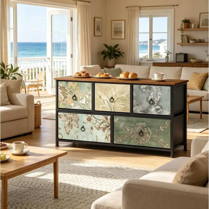 Commode de rangement 5 tiroirs multicolore motif floral - BEAUNIV - industrielle vintage pour chambre 100×30×54 cm