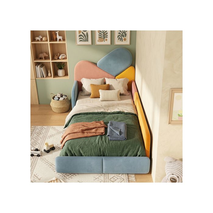 Lit enfant capitonné 90x200cm patchwork bleu/rose/or côtés surélevés tête lit rembourrée structure basse charge 150kg chambre kid