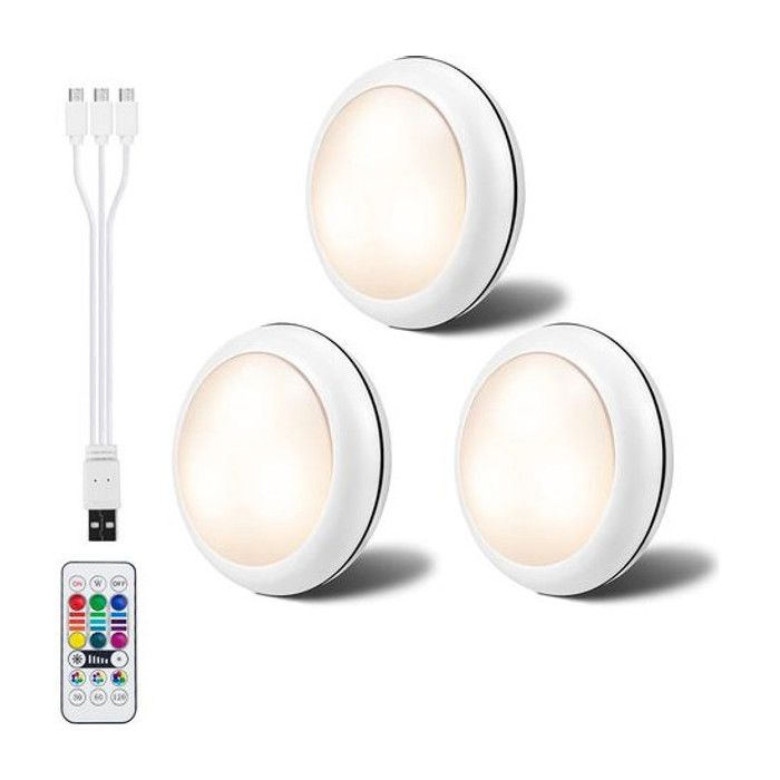Éclairage armoire RGBW rechargeable 1000mAh 16 couleurs veilleuse LED/télécommande pour chambre/cuisine/penderie/placard lot de 3