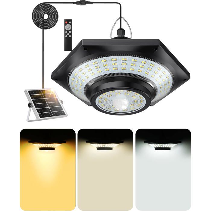 Lampe Solaire 228 LED 4000LM 4400mAh Détecteur Mouvement 3 Températures Couleur 360° IP65 Jardin Pergola Garage