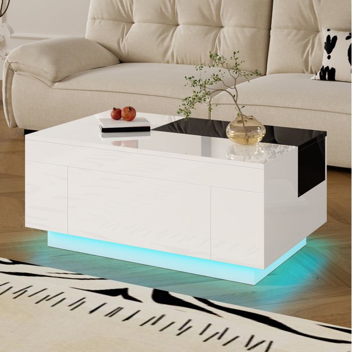 Table basse LED – Noir et Blanc brillant – Extensible – MDF – tiroir de rangement caché