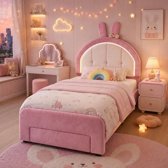 Lit enfant fille 90x200 avec tiroir - LED RGB réglable - tête de lit avec oreilles de lapin - sommier - lit une place - velours rose