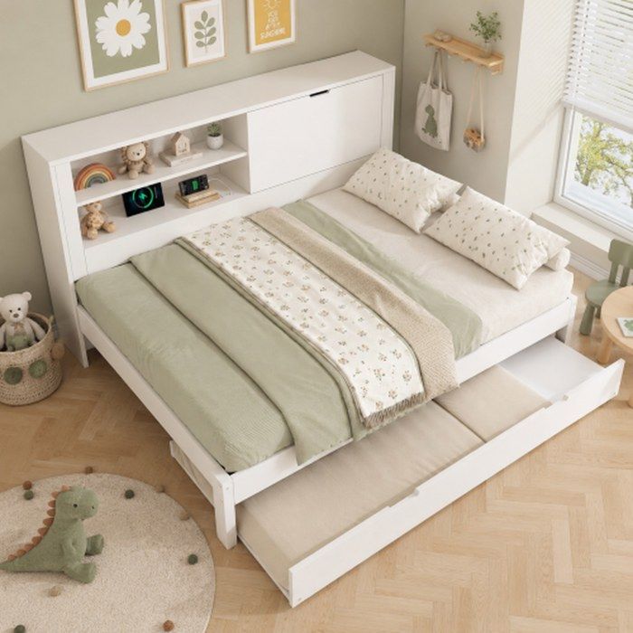 Canapé-lit 140×190 cm lit escamotable 90×190 cadre blanc avec rangements usb‑c lattes – sans matelas