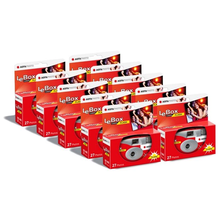 AGFA PHOTO PACK 10 x 601020 - Appareil Photo Jetable LeBox Flash, 27 photos, Objectif Optique 31 mm - Gris et Rouge