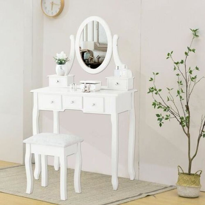 coiffeuse ubonheur avec tabouret 5 tiroirs et miroir ovale - blanc - style contemporain - bois massif et mdf