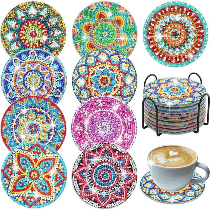 Kit 8 Sous-verres Diamant à Peindre - Motifs Paysages - Avec Strass & Outils - DIY Antidérapant Liège - Loisir Créatif - 1