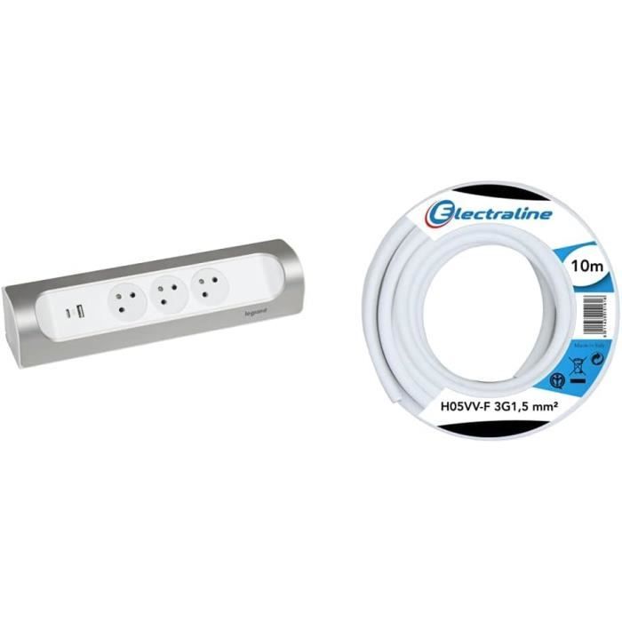 Multiprise D'angle 3 Prises Surface Avec Terre Et USB Type A + Type C Avec Cordon Blanc