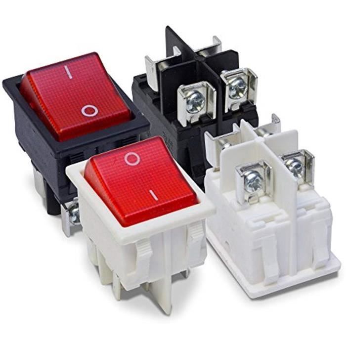 2 pièces, interrupteur à bascule avec contacts à vis 250 V 16 A 2 pôles (4 broches) 1 noir et 1 blanc avec bascule rouge