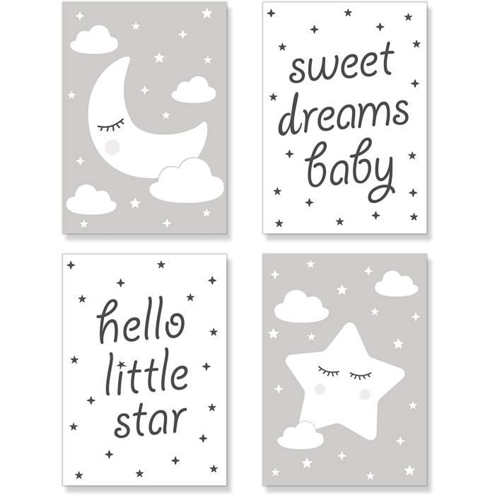 Premyo 4 Affiche Decoration Murale Decoration Chambre Bebe Fille Garcon Lune Etoile Gris Papier Epais Format 333 Cdiscount Maison