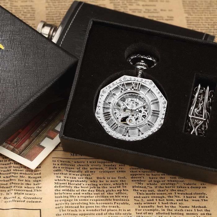 Montre De Poche Mécanique Vintage Style Steampunk - Cadran Squelette Bleu, Chaîne Or 80 Cm
