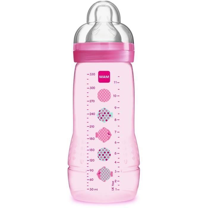 MAM Biberon Easy Active 2ème âge Décoré 330ml à partir de 6 mois Tétine Débit X Rose (Lot de 2)