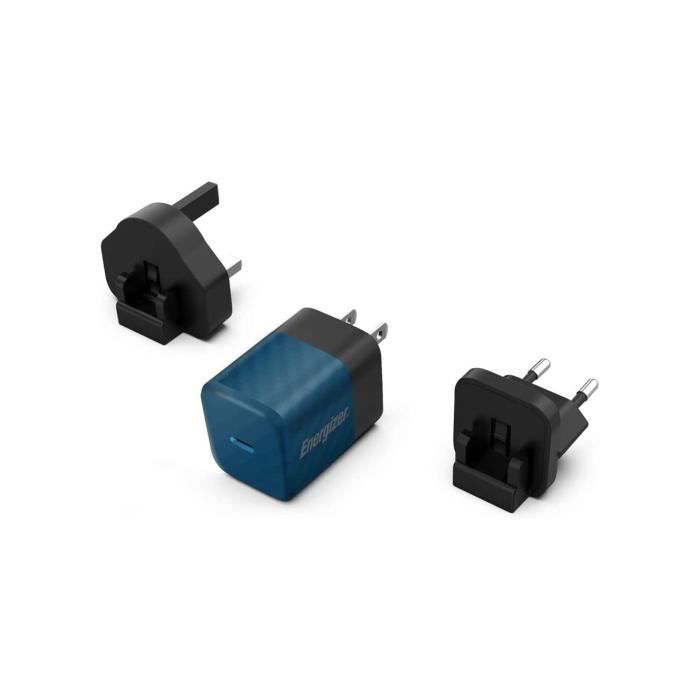 ENERGIZER Chargeur USB-C 20W Rapide avec 3 Adaptateurs EU/US/UK - Bleu