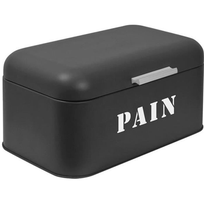 Boîte à Pain Métal Noir Avec Couvercle Bambou - 33x19x14cm - Planche à Découper Incluse - Conservation Pain Frais