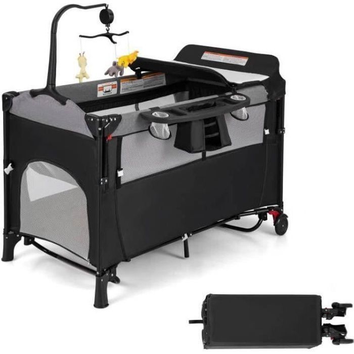 GOPLUS Lit Bébé 5 en 1 Pliable et Portable avec Table à Langer Fonction de Berceau dEnceinte dActivités78L x 125l x 65HcmNoir