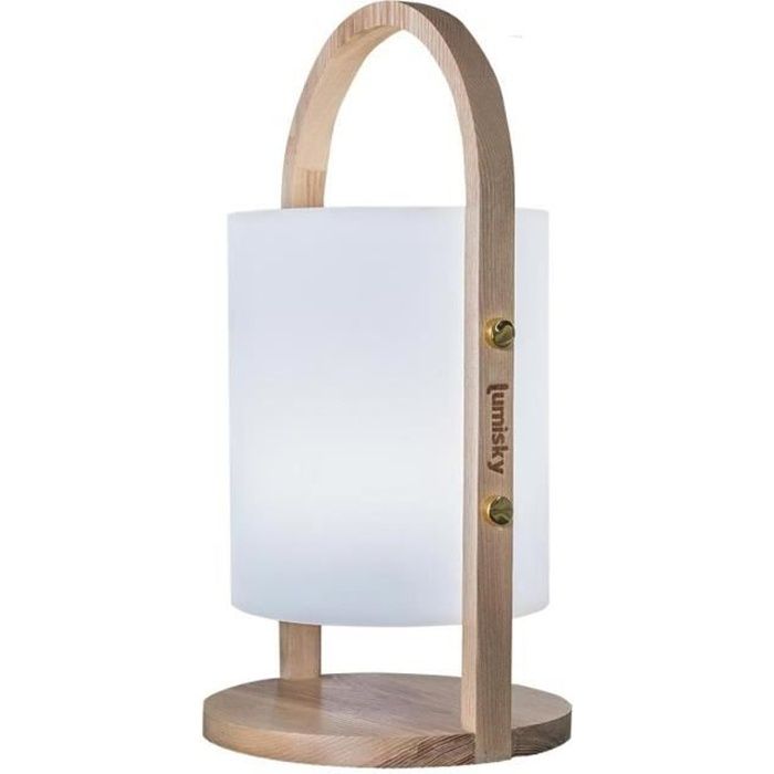 lanterne led woody - lumisky - blanc - design scandinave - poignée en bois naturel - autonomie 10h