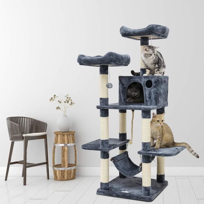 Comparer les prix de Mondeer Arbre à Chat Hauteur de 150 cm, avec Plate-Formes, Grande Grotte, Troncs épais en sisal, Palais de Chat - Gris