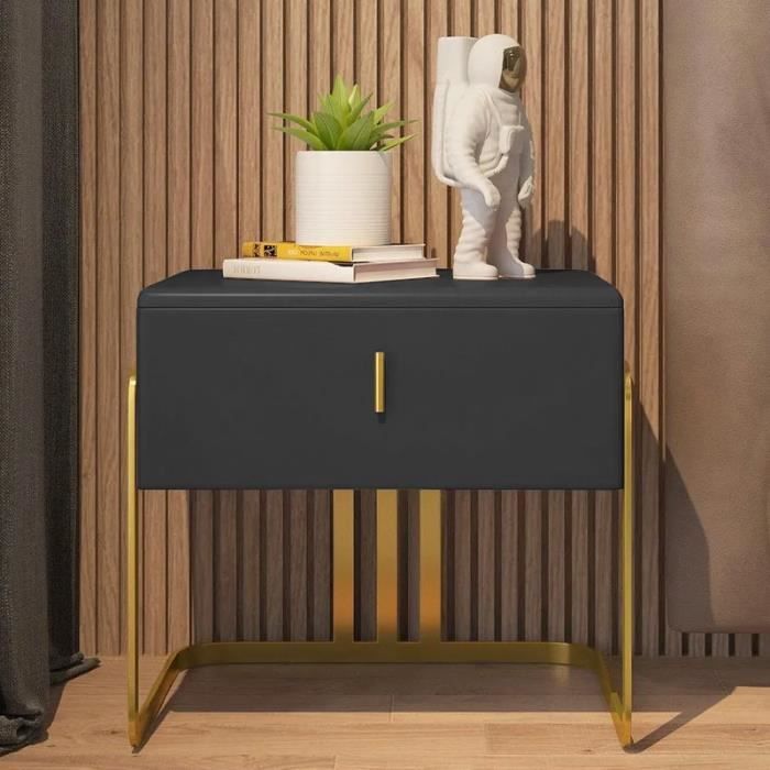 Table de chevet moderne MEUBLER DESIGN - Cuir PU noir - 1 tiroir de rangement - Pieds dorés