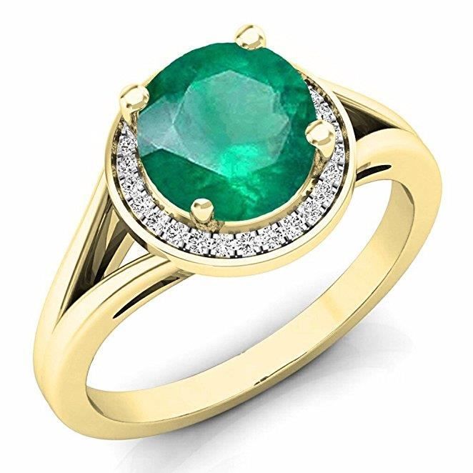 Bague Femme Bague De Fiancaille 14 Ct Or Jaune Emeraude Blanc