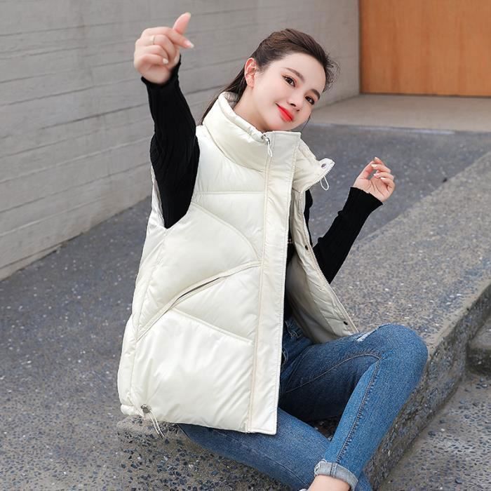 Manteau Femme Col montant d hiver section courte brillante chaude Blanc GOGUQ