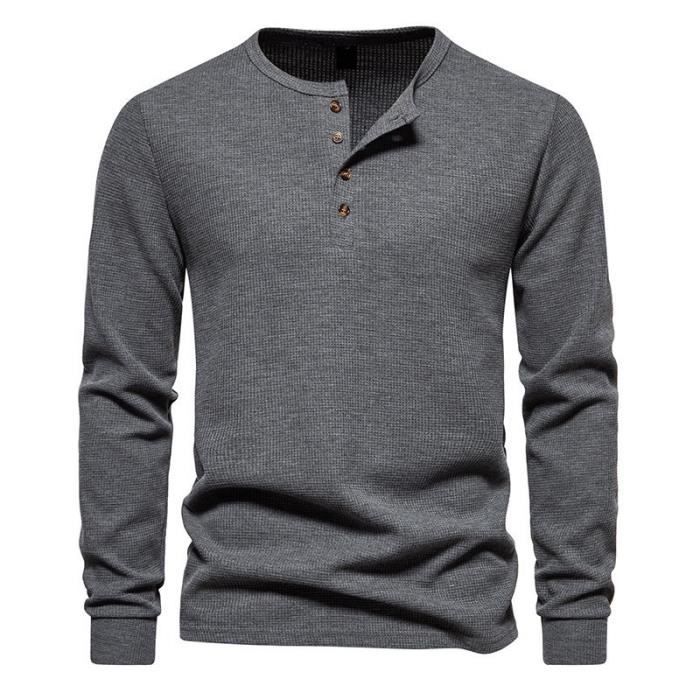 Chemise d'été à manches longues et col Henley boutonnée avec poche pour homme, vert militaire, S