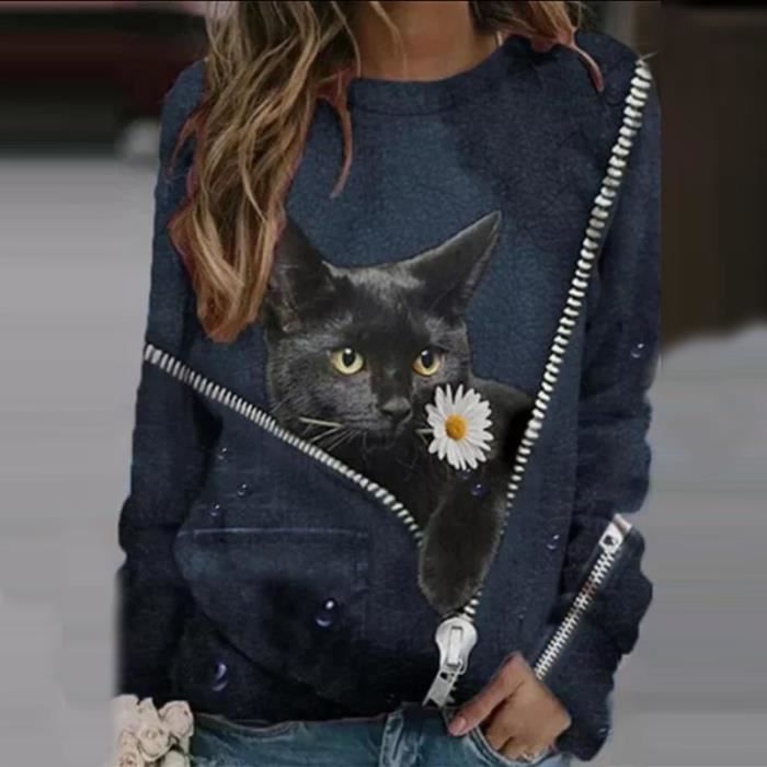 Blouse femme Chat noir Zipper Imprimer Femmes Chemisier Chemises Decontracte Kawaii Col rond Manches Longues Type Marine Bleu Blanc Cdiscount Pret a Porter