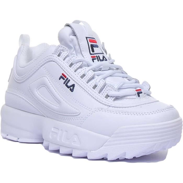 Baskets Fila Disruptor 2 Premium en cuir blanc pour femmes - Lacets - Semelle épaisse - Confortable et tendance