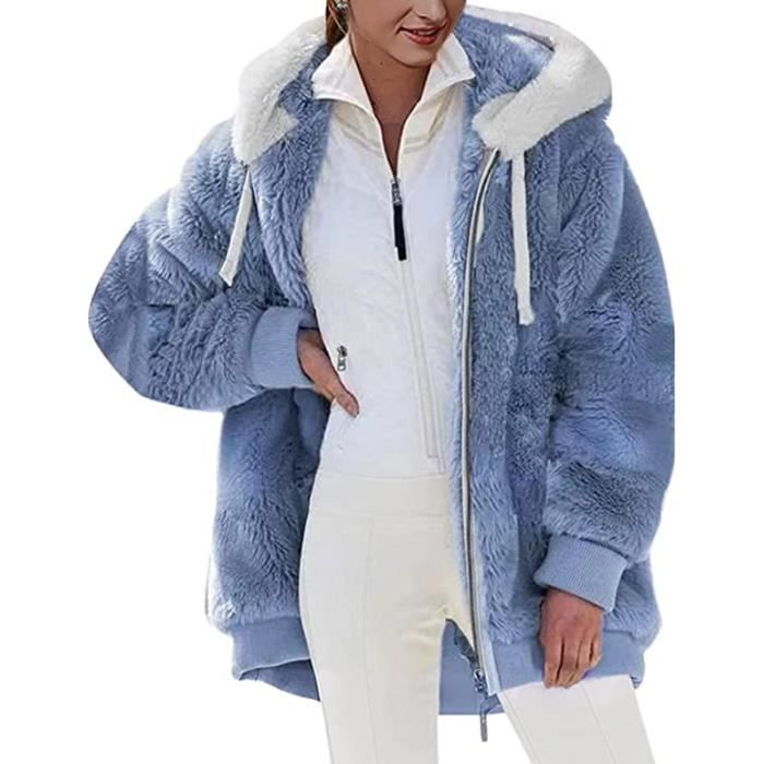 Veste Polaire Femme Fille Chaude Sweats Manteau a Capuche Zippe Laine epais Blousons Hooded Coat Manche Longue Cardigan Casual Bleu Cdiscount Sport