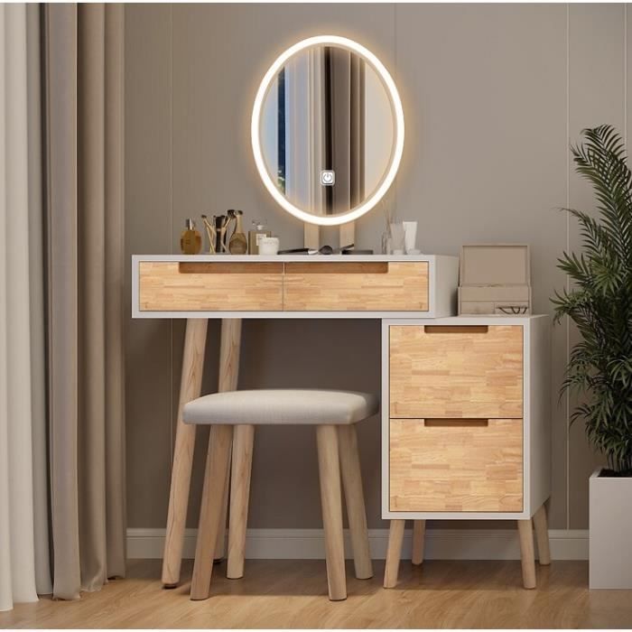 Coiffeuse avec Miroir LED Réglable et Tabouret - Table de Maquillage - 4 Tiroirs - Moderne - Bois