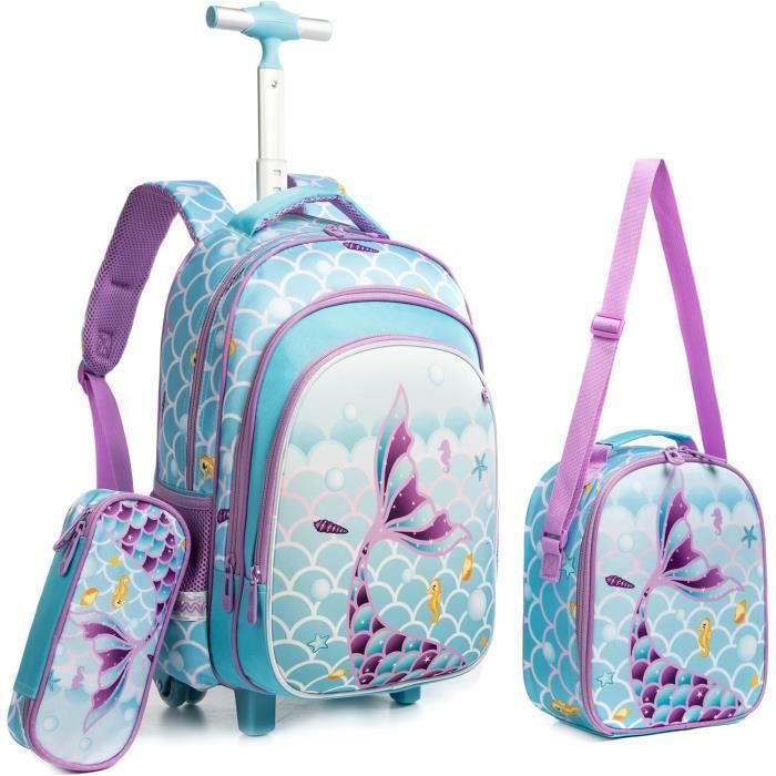 Cartable à Roulettes Fille 3 En 1 CE2 Primaire - Sac à Dos Trolley + Lunch Bag + Trousse