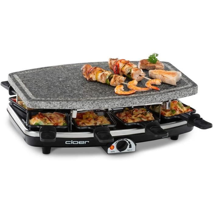 Raclette Cloer 6430 Avec Pierre Naturelle - 8 Poêlons Anti-adhésifs - 1200W - Noir - Idéal Pour Soirées Conviviales
