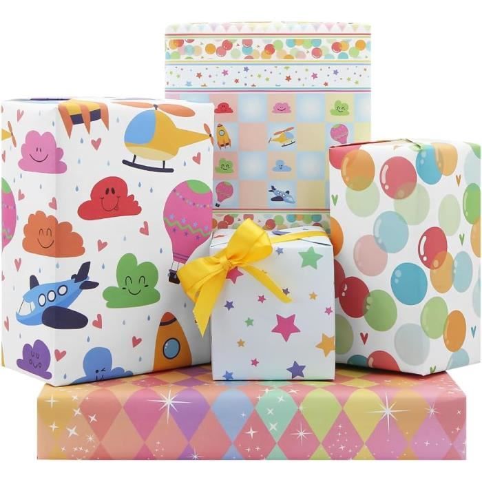 Lot De 4 Papiers Cadeau Noël Vintage - Motifs Père Noël, Sapin, Bonhomme De Neige - 50x70cm - 12