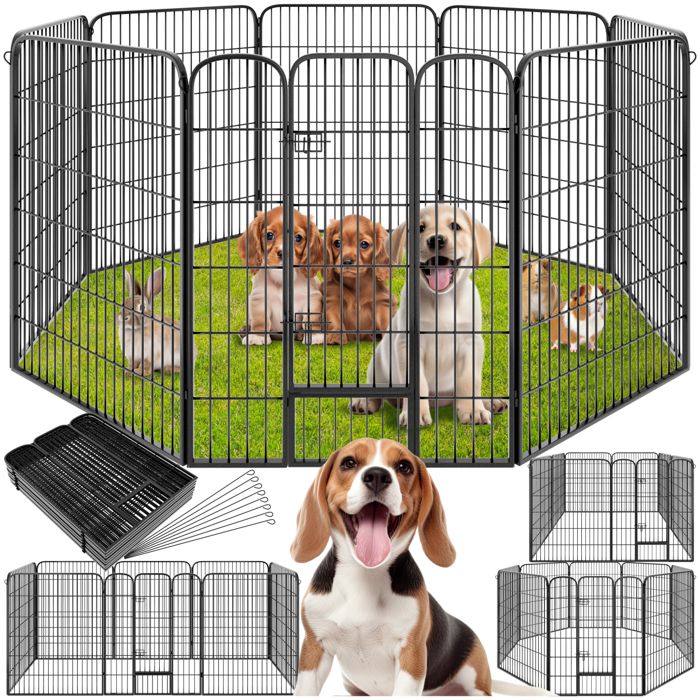 Enclos pour chien - TECTAKE - enclos pour chien modulable double verrouillage pliable vernis extérieur acier ø 201 cm - gris