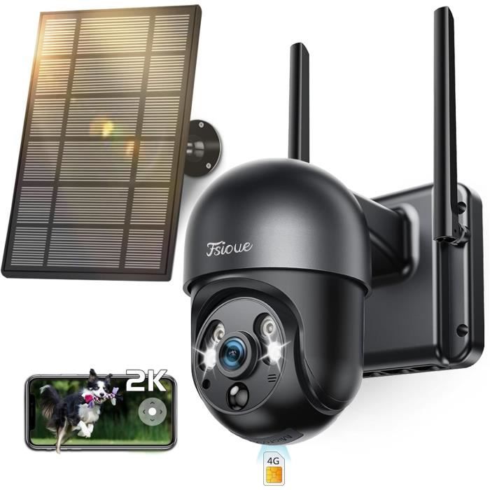 FOSSENXE Caméra 4G LTE Extérieure Solaire 2K 4MP - Sans Wi-Fi, Avec Carte SIM Et Stockage 64 Go, Pivot 355°/90°, IP66