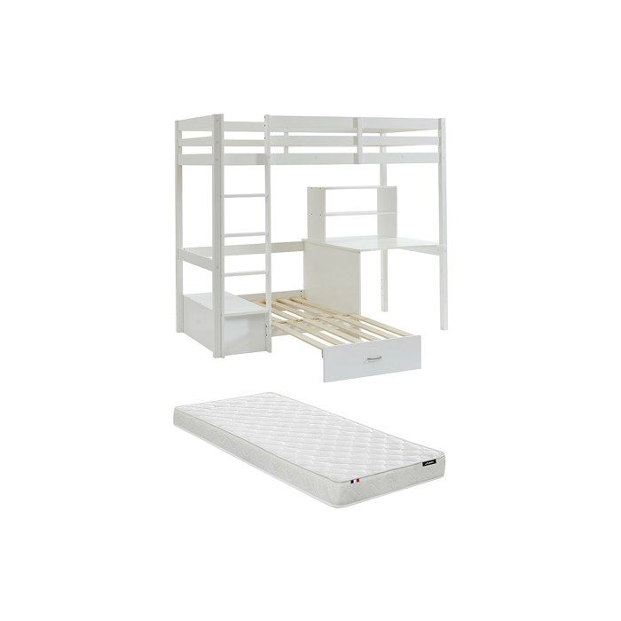 Lit mezzanine 90 x 200 cm avec bureau sofa convertible et rangements - Pin massif - Blanchi + Matelas - GOLIATH III