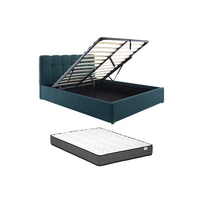 Lit coffre 140 x 190 cm - Tissu bouclette - Bleu canard + Matelas - MAZIRI