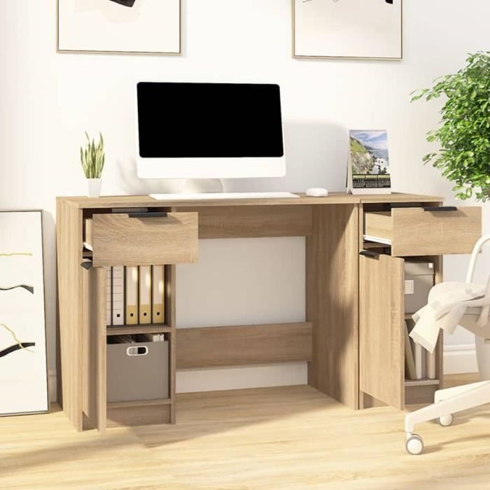Bureau Avec Armoire Latérale – Chêne Fumé, Bois D'Ingénierie – Neuf