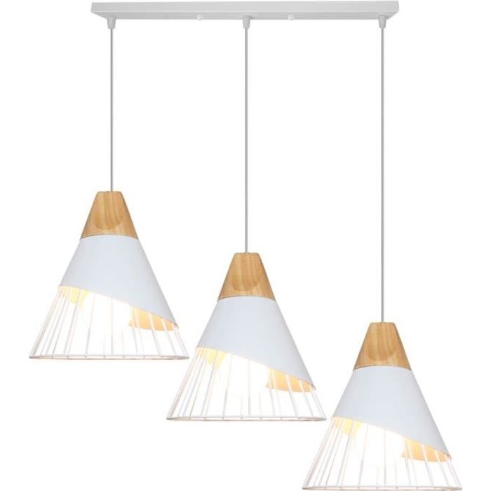Suspension Luminaire UNI - WOTTES - Blanc - 3 ampoules - Fer Forgé - Bois massif