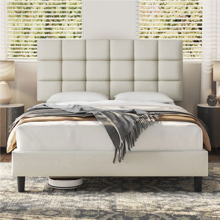 Yaheetech Lit Double 2 Personnes Capitonné Carré 160×200cm Tête de Lit avec Sommier à Lattes en Bois Massif et Métal Beige Yaheetech Lit Double 2 Personnes Capitonné Carré 160×200cm Tête de Lit avec Sommier à Lattes en Bois Massif et Métal Beige