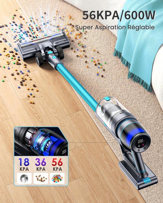 Homore Aspirateur Balai sans Fil, 600W/56Kpa/65Mins Aspirateur sans Fil Homore Aspirateur Balai sans Fil, 600W/56Kpa/65Mins Aspirateur sans Fil