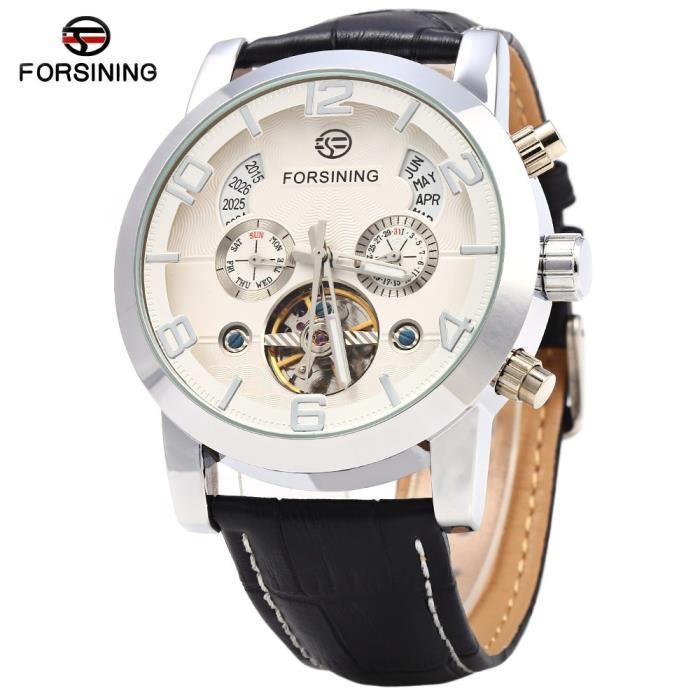 Blanc et noir Forsining A165 Tourbillon Montre Mecanique Automatique pour Hommes bracelet en cuir Affichage de la date Semaine Mois Achat vente montre Homme Adulte Cuir Cdiscount