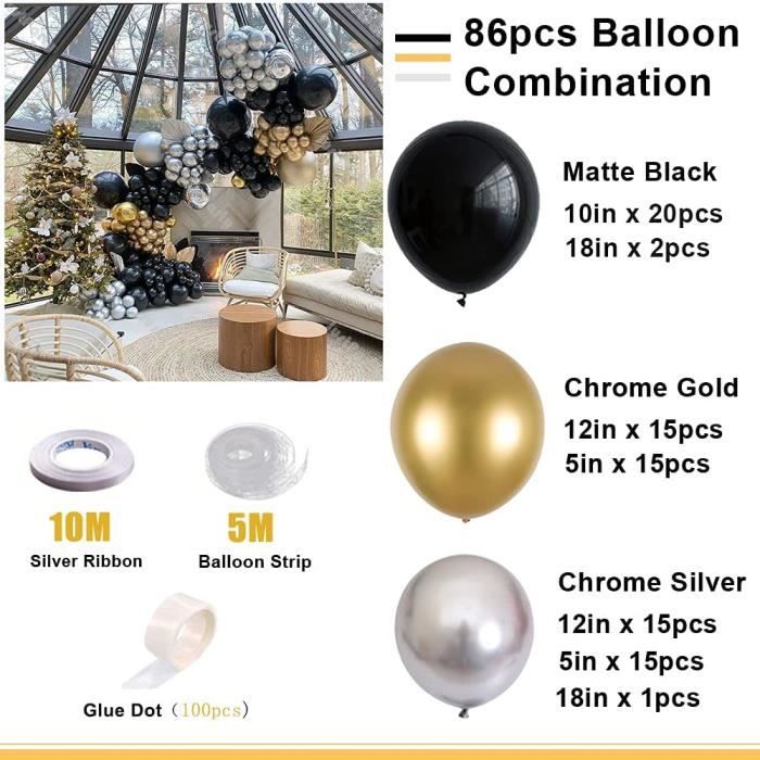 Kit Arche Ballon Argent Or Noir, Décoration de Fête Guirlande de