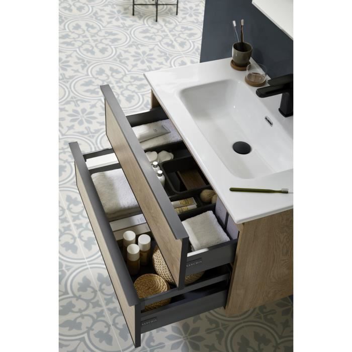 Meuble salle de bain 80 cm monte suspendu blanc H46xL80xP45cm - avec  tiroirs - vasque et miroir